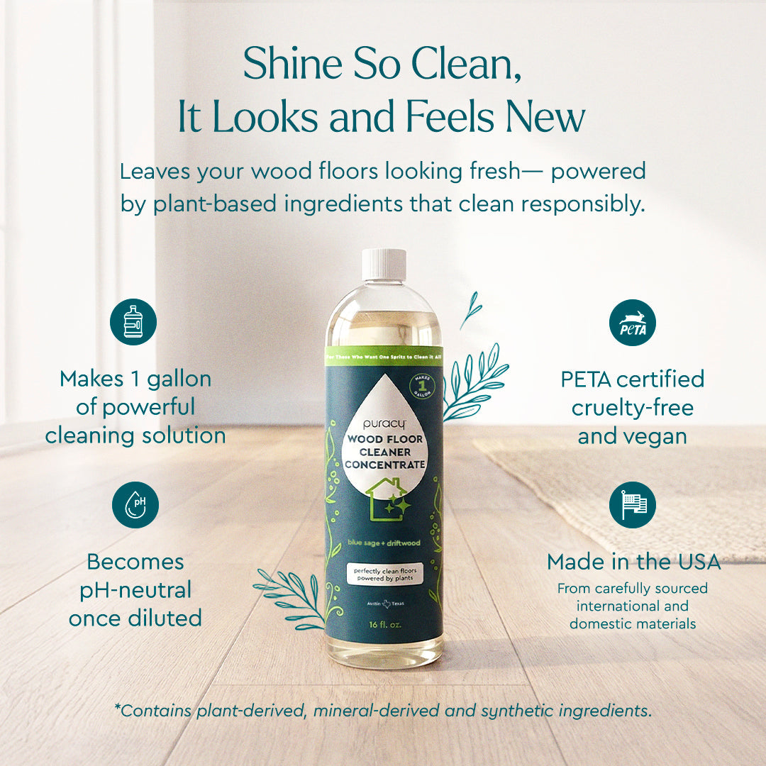 Wood floor cleaner concentrate bottle with product features on a wooden floor background