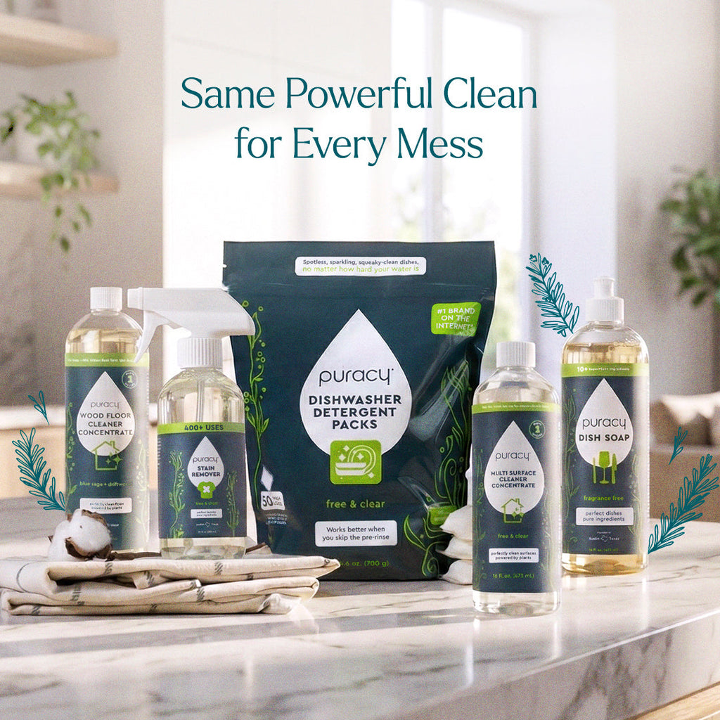 Puracy cleaning products including dish soap, cleaner, and detergent on a kitchen counter.