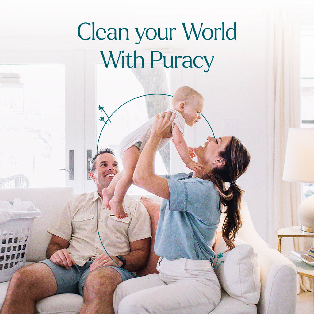 Family in a living room with text 'Clean your World With Puracy'.