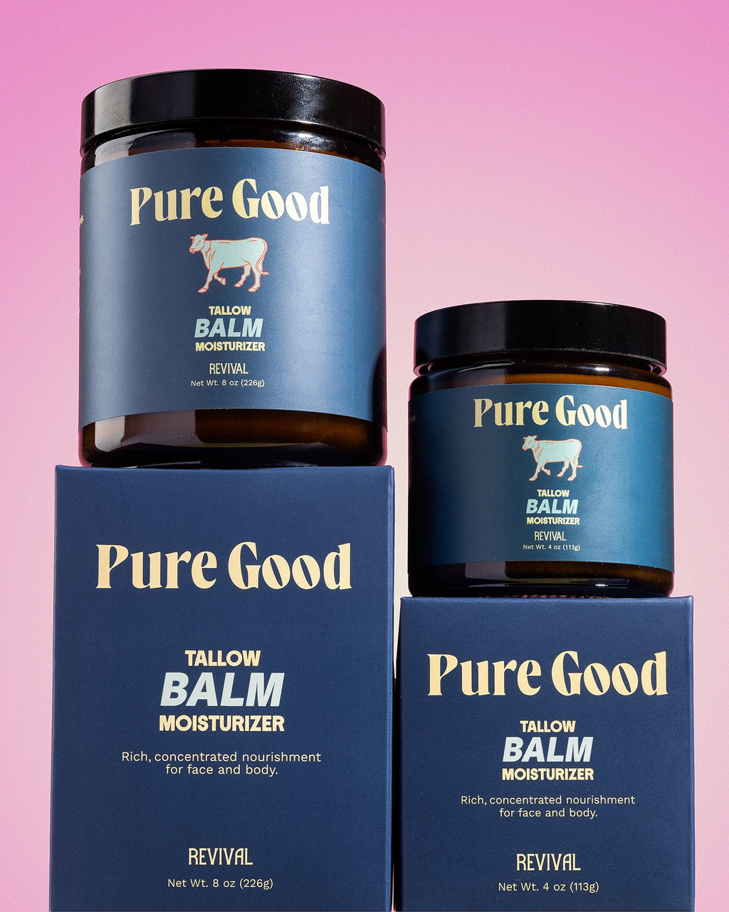 Two jars of Pure Good tallow balm moisturizer on a pink background