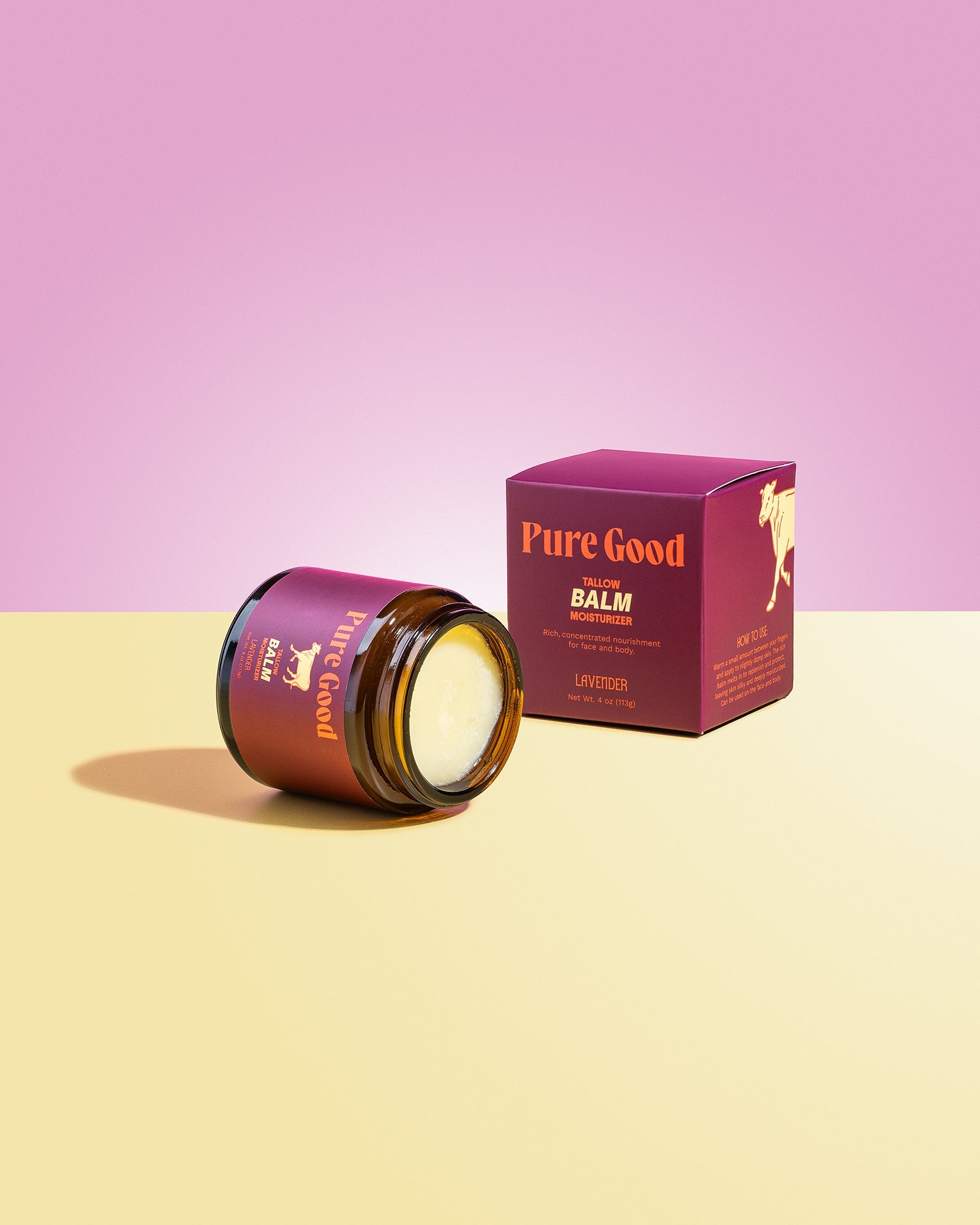 Jar and box of Pure Good balm on a pink and yellow gradient background