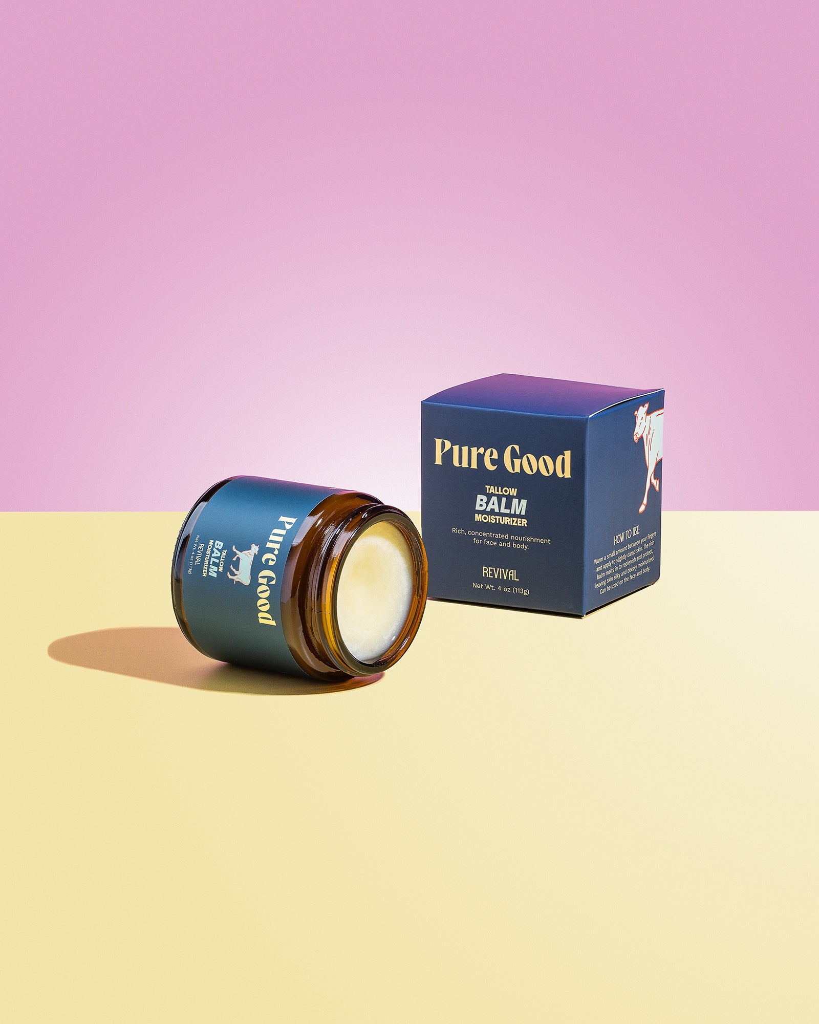 Jar and box of 'Pure Good' balm on a two-tone pink and yellow background