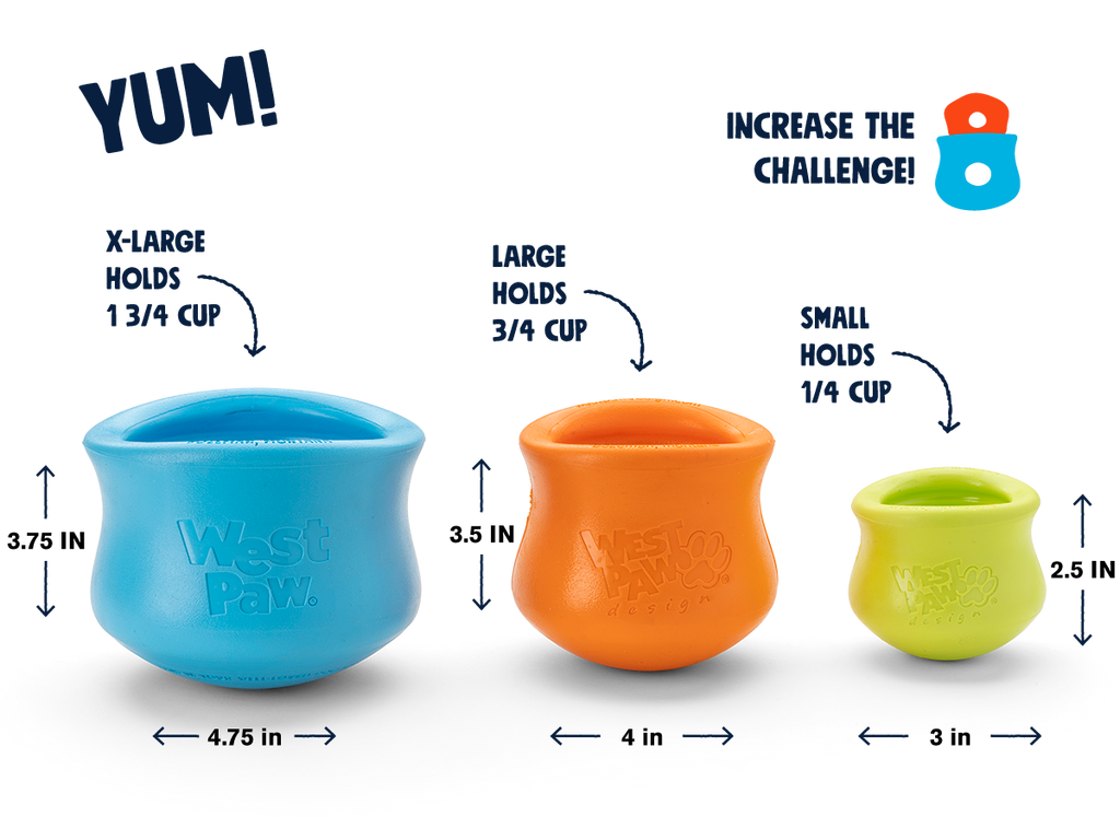Three dog toys in blue, orange, and green with measurements and 'YUM!' text on a white background.