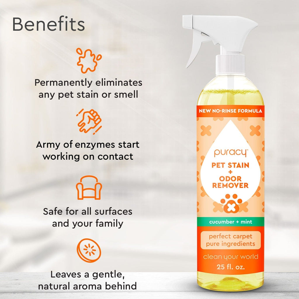 Puracy pet stain and odor remover bottle with benefits listed on a light background