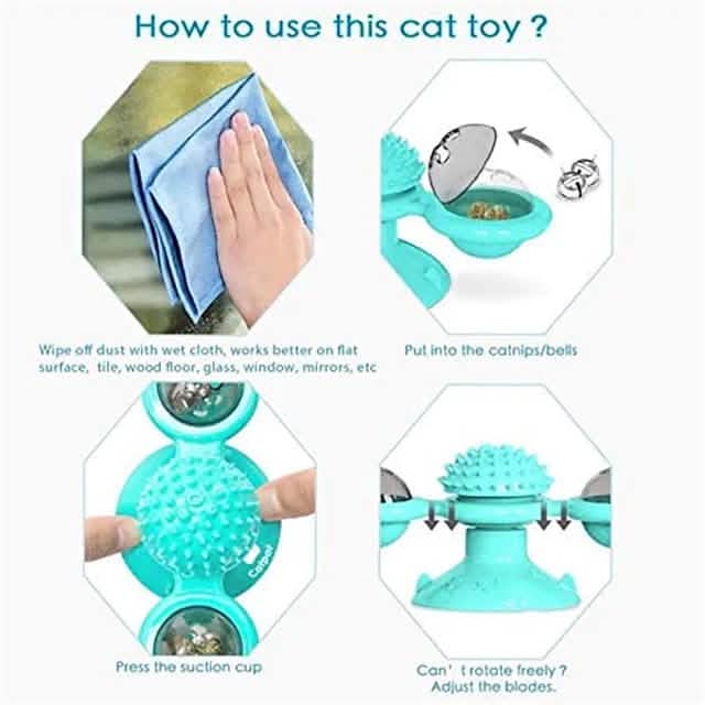 Instructions on how to use a turquoise cat toy with images and text.