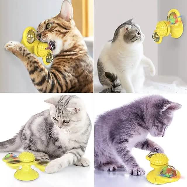 Four cats playing with a yellow rotating toy on a white background