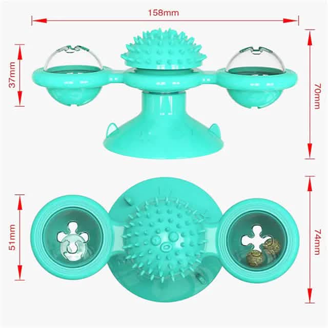 blue pet toy with dimensions on a white background