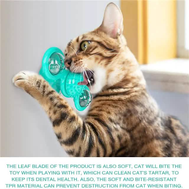 cat chewing on rotating toy