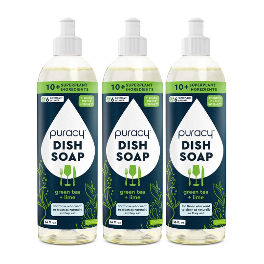 Three bottles of Puracy Dish Soap with green tea and lime scent on a white background