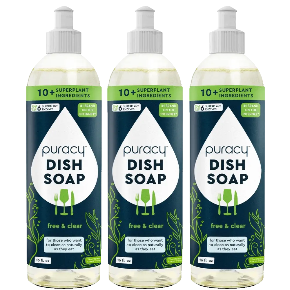 Three bottles of Puracy Dish Soap on a white background