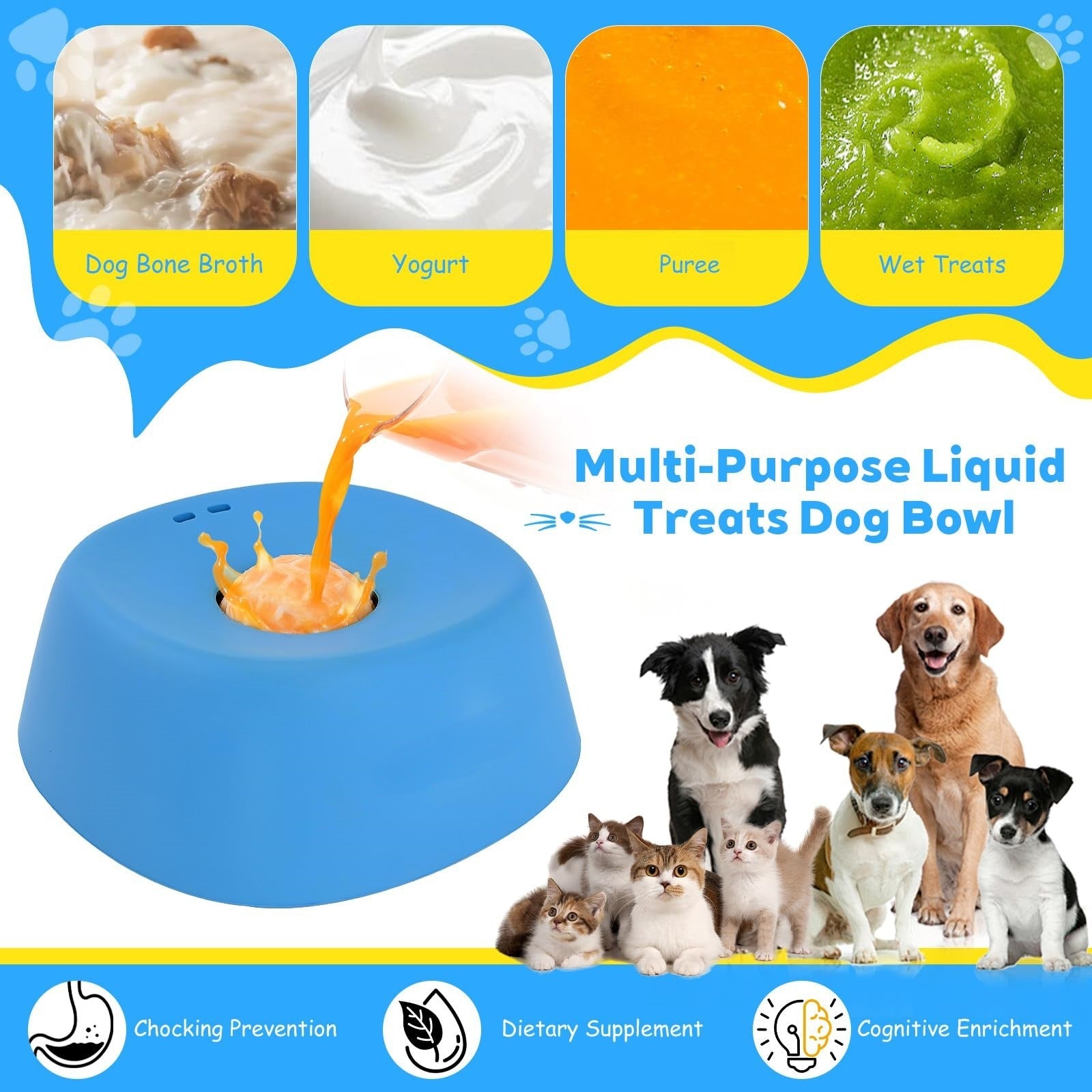 Blue liquid treat dispenser with images of dog and cat treats, and text about its uses.
