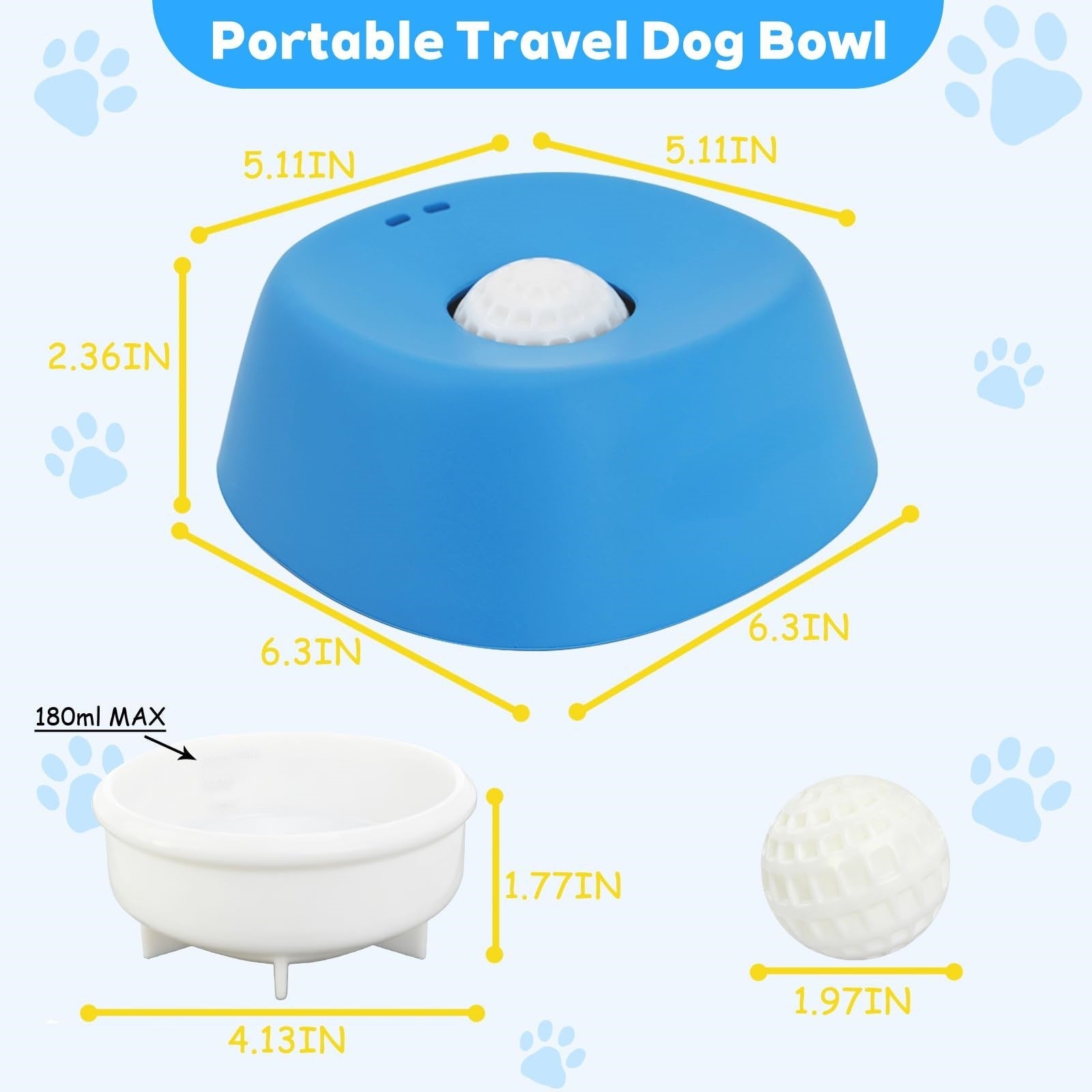 Portable travel dog bowl with measurements on a blue background with paw prints.