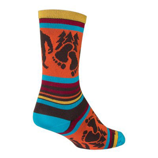 Colorful sock with striped pattern and animal design on a white background