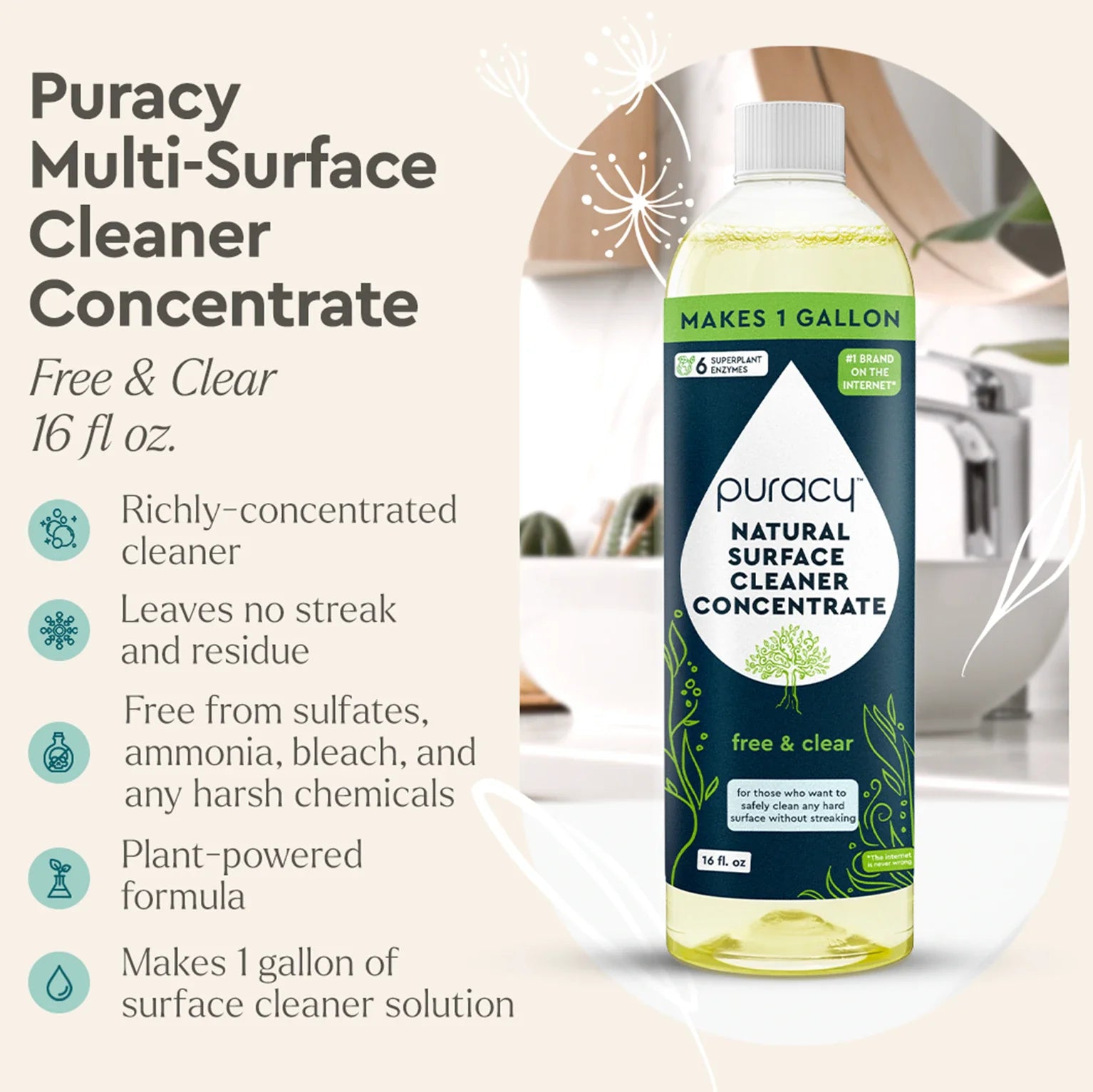 Puracy Multi-Surface Cleaner Concentrate bottle with product details on a light background
