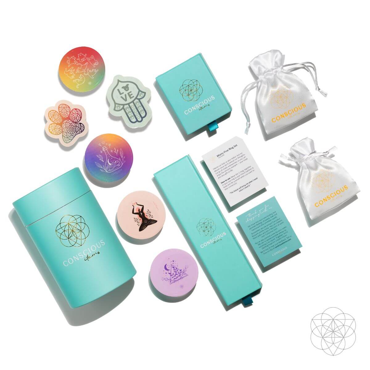 Collection of colorful items including cards, and pouches with a brand logo on a white background.