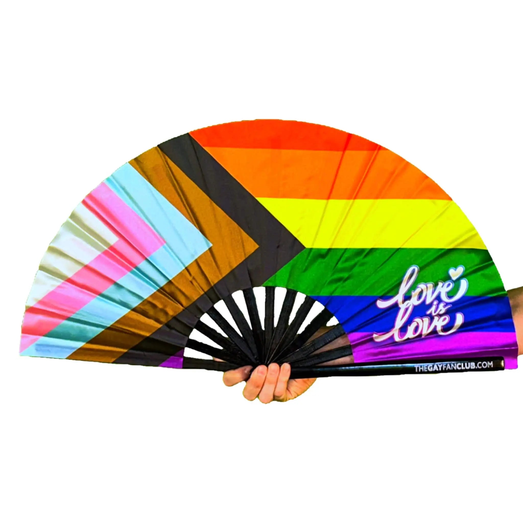 Colorful fan with 'love is love' text held by a hand on a white background