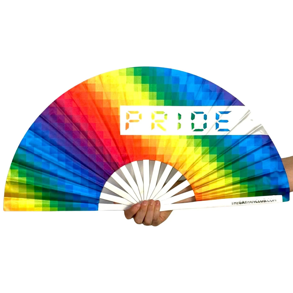 Rainbow-colored fan with 'PRIDE' text held by a hand on a white background