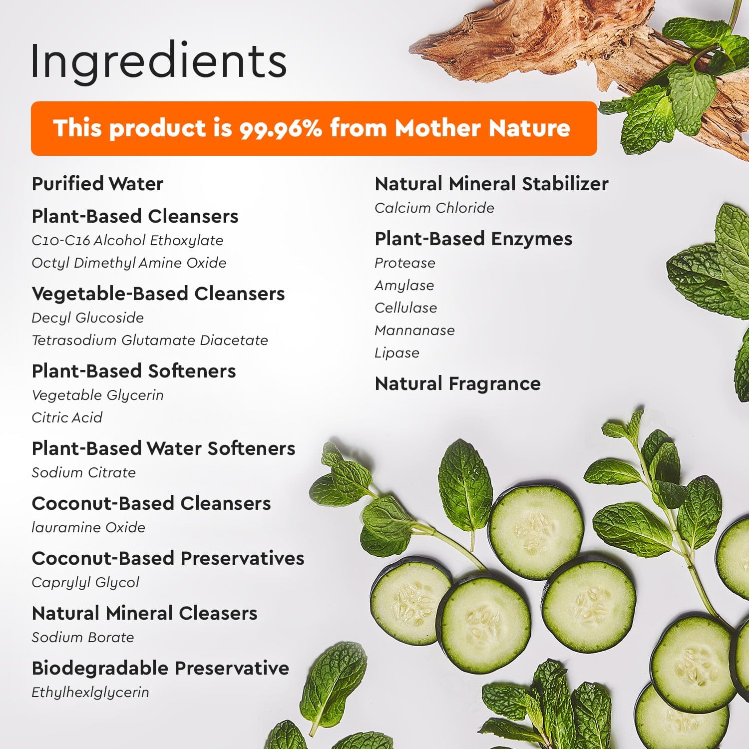 Product ingredients list with natural elements and a focus on purity.