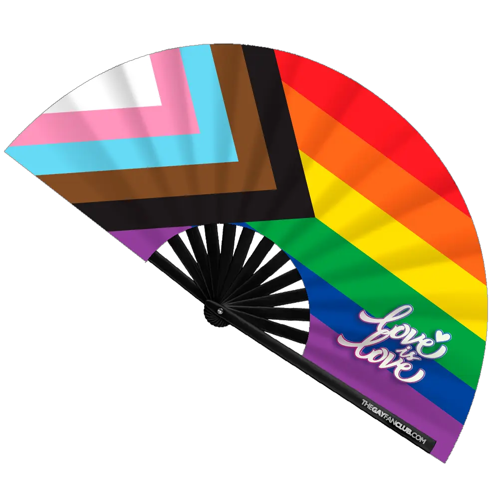 Colorful fan with rainbow design and 'love is love' text on a white background