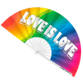 Rainbow-colored fan with 'LOVE IS LOVE' text on a white background
