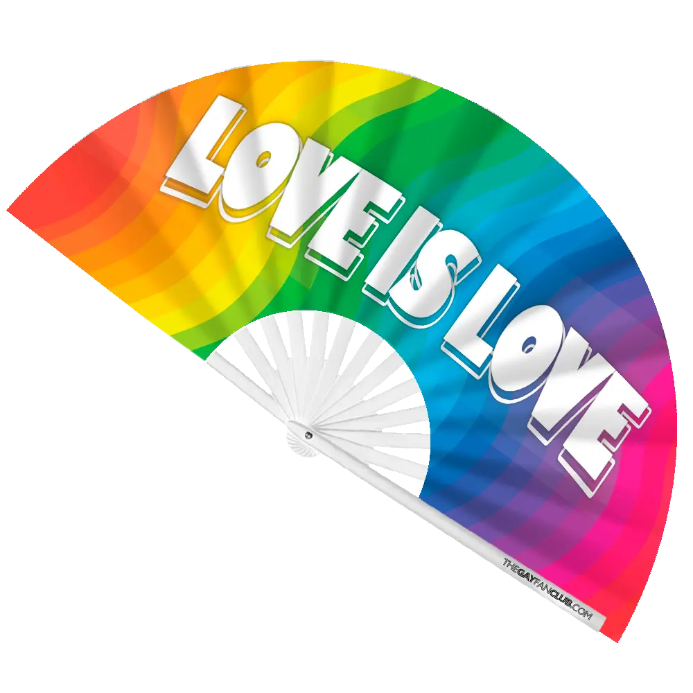 Rainbow-colored fan with 'LOVE IS LOVE' text on a white background