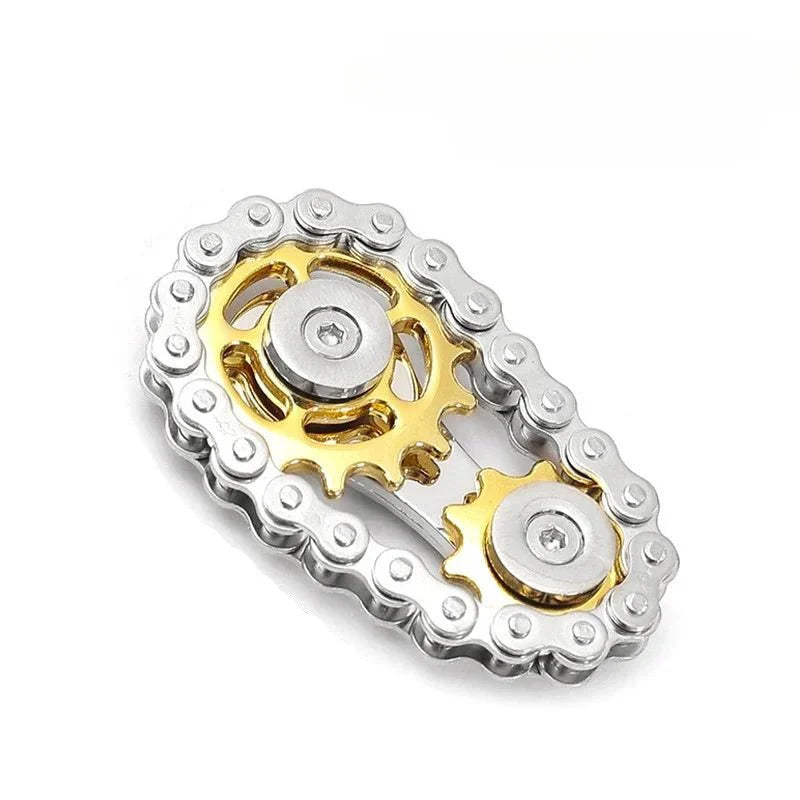 Metallic chain and gear design on a white background