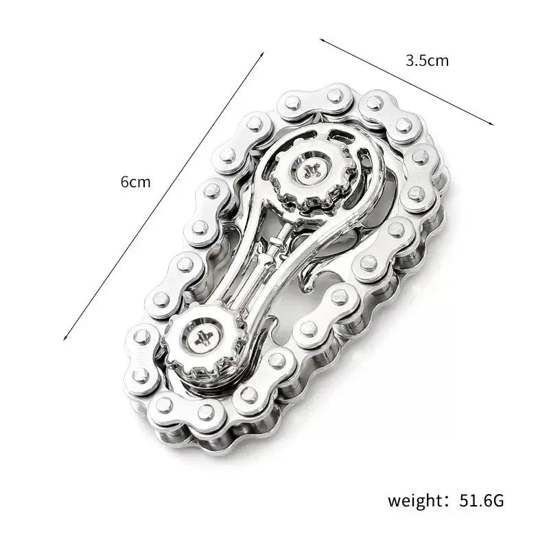 Metallic chain design with measurements and weight on a white background