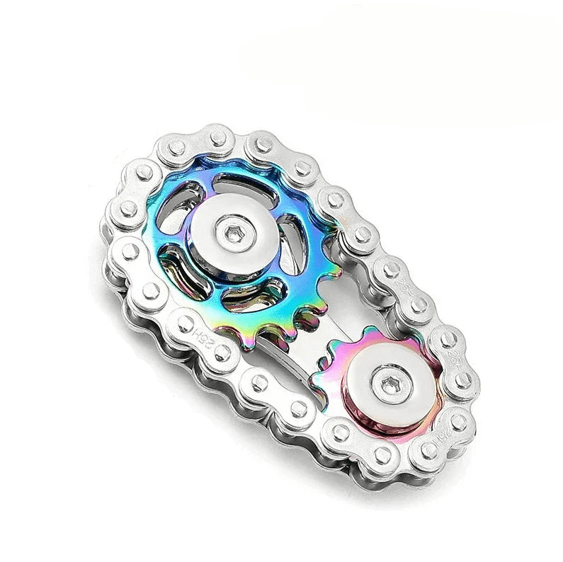 silver and rainbow chrome chain fidget spinner on a white background