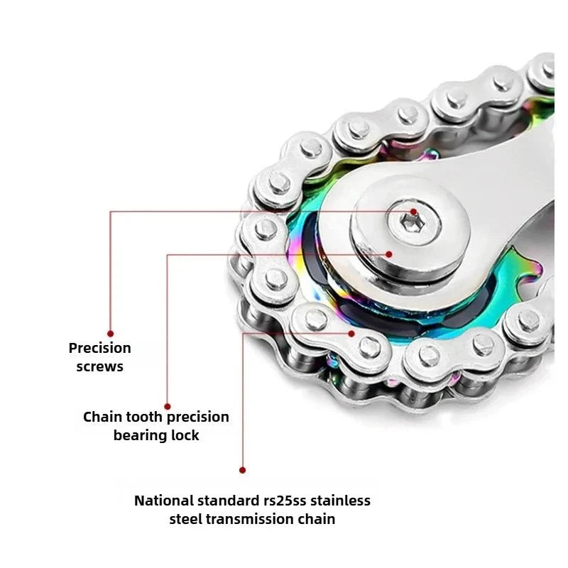 Close-up of a stainless steel transmission chain with labeled components on a white background