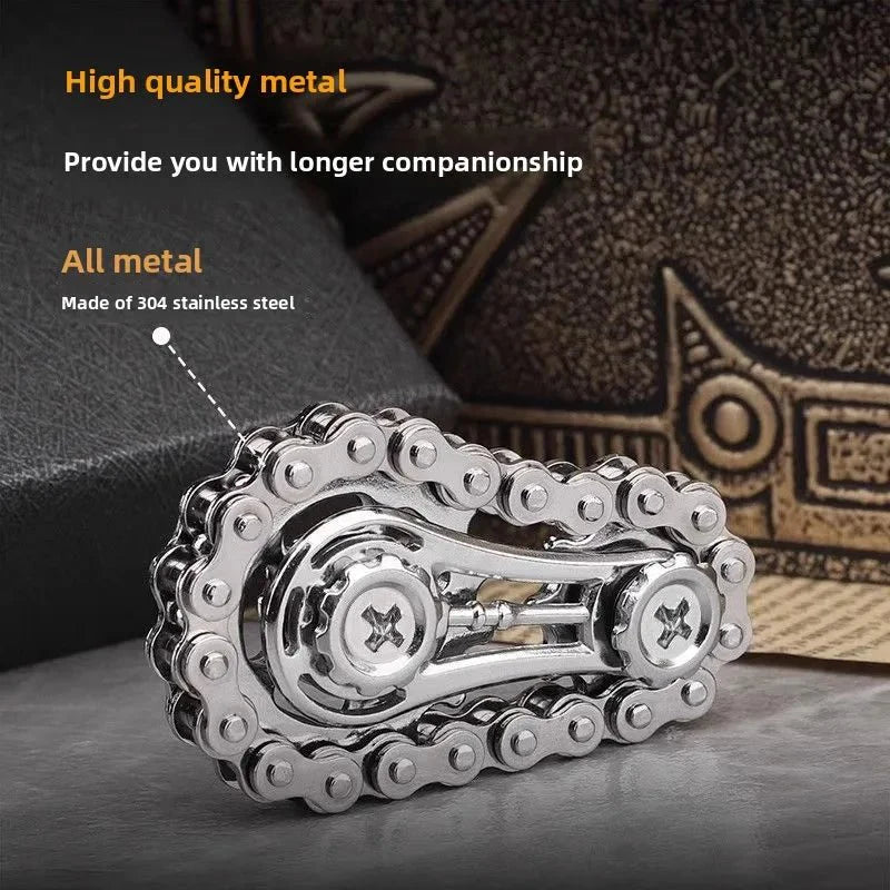 Metallic chain-like object with text highlighting high-quality metal and stainless steel content.