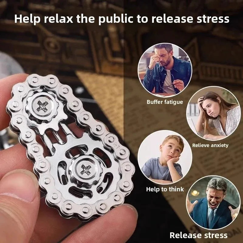 hand holding fidget toy made of gears and spinners. relieve stress and anxiety 