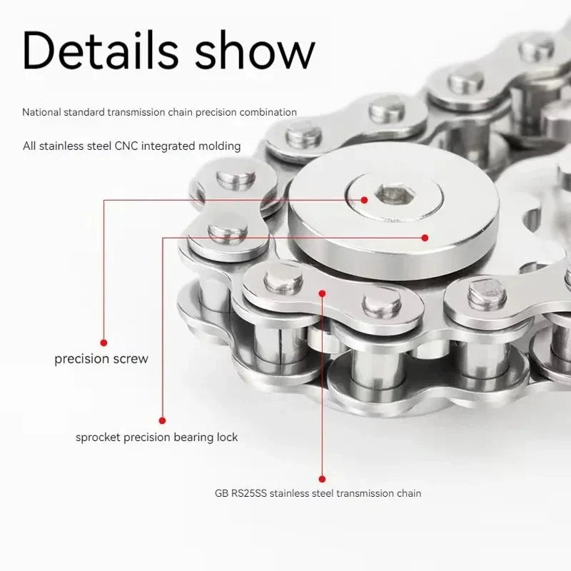 Stainless steel transmission chain with labeled components on a white background