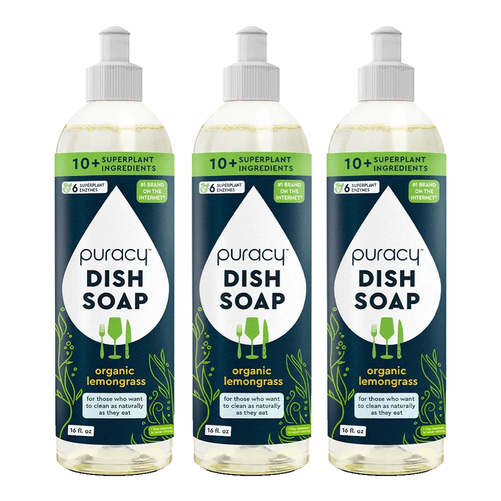 Three bottles of Puracy dish soap with organic lemongrass scent on a white background.