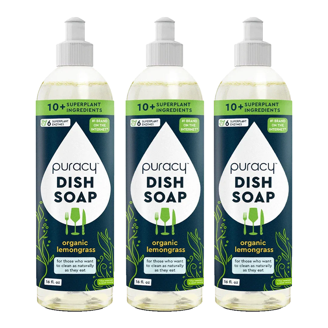 Three bottles of Puracy dish soap with organic lemongrass scent on a white background.