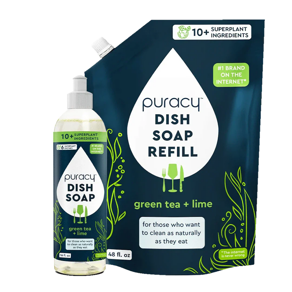 Puracy dish soap bottle and refill pack with green tea and lime scent on a white background