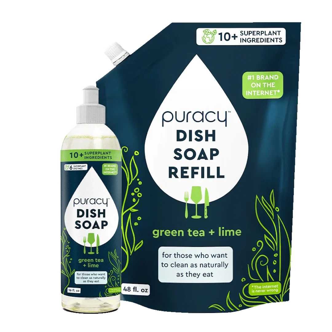 Puracy dish soap bottle and refill pack with green tea and lime scent on a white background