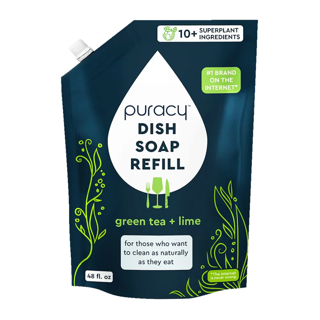 Puracy dish soap refill package with green tea and lime scent on a white background