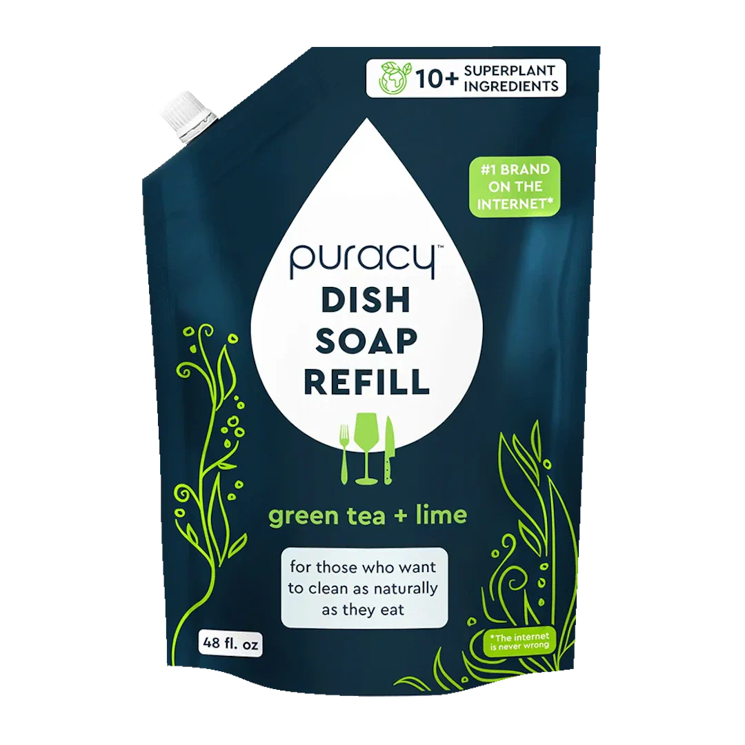 Puracy dish soap refill package with green tea and lime scent on a white background