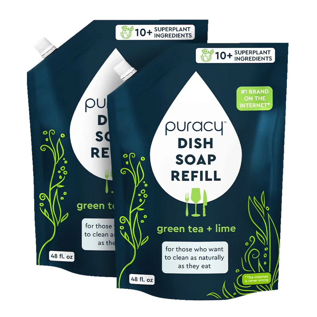 Two puracy organic lemongrass dish soap refills on a white background