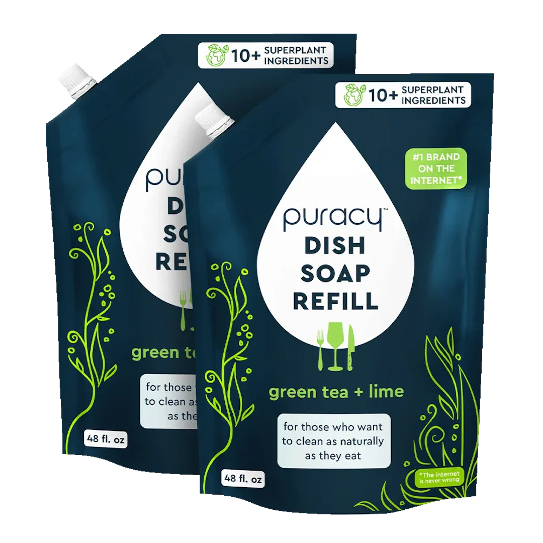 Two puracy organic lemongrass dish soap refills on a white background