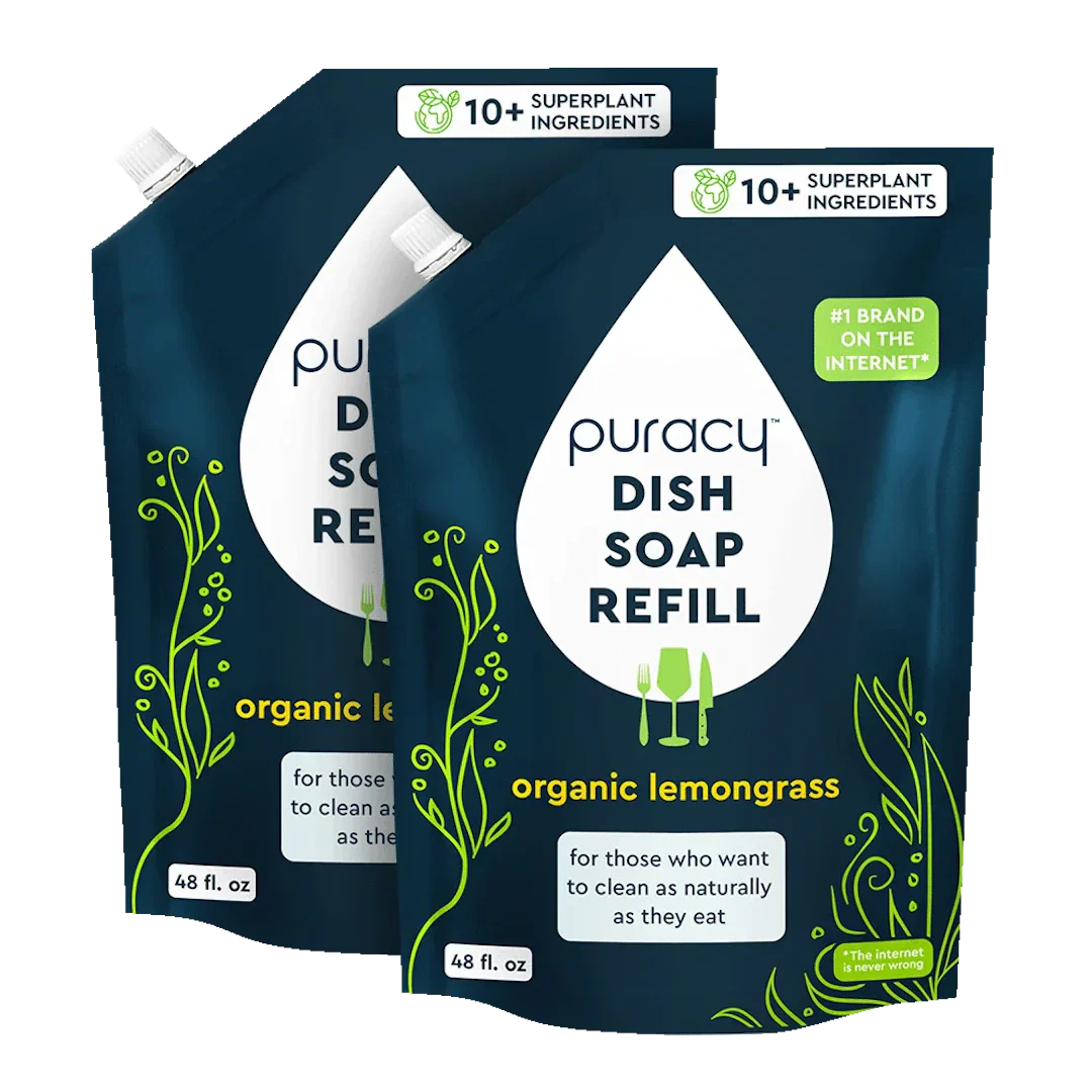 Two puracy organic lemongrass dish soap refills on a white background