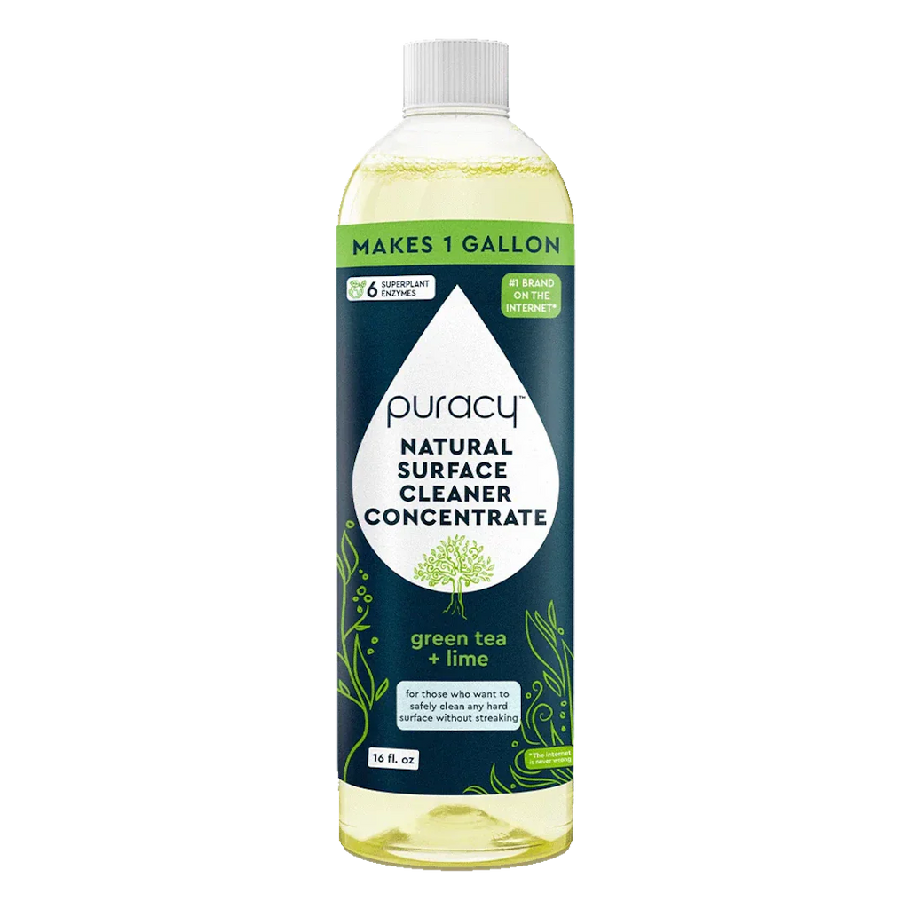Puracy Natural Surface Cleaner Concentrate bottle with green tea and lime flavor on a white background