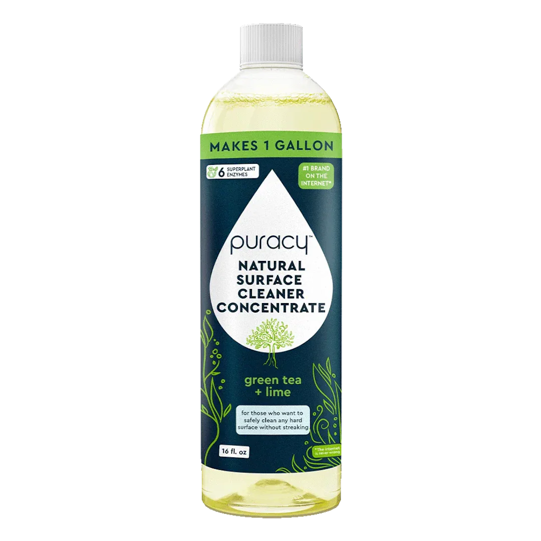 Puracy Natural Surface Cleaner Concentrate bottle with green tea and lime flavor on a white background