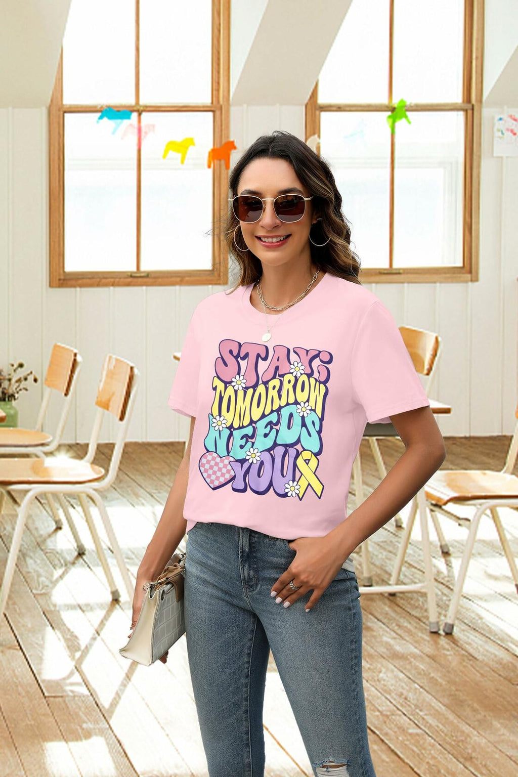 woman wearing light purple shirt saying Stay; tomorrow needs you