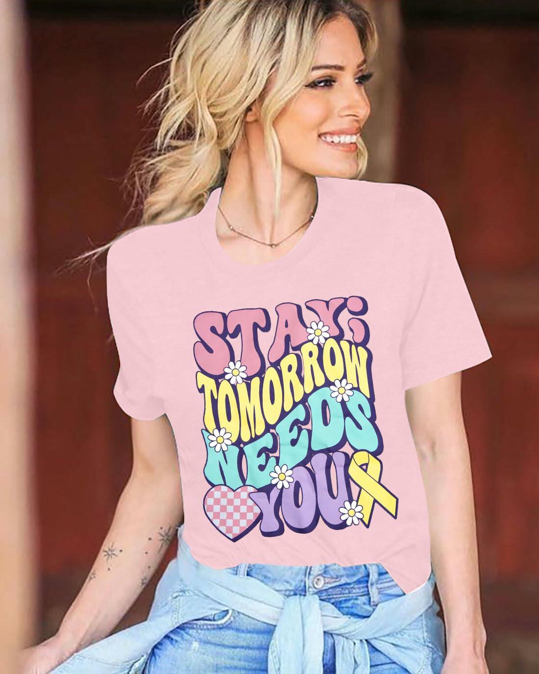 woman wearing light purple shirt saying Stay; tomorrow needs you