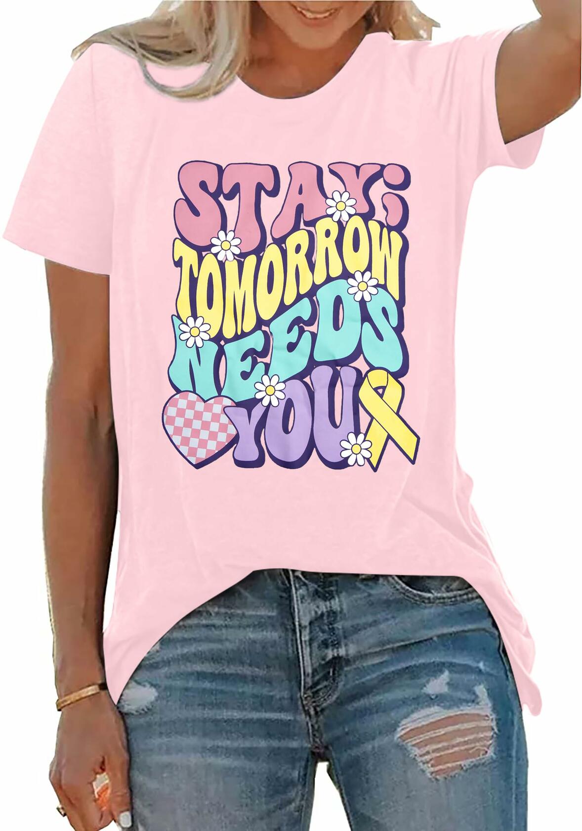 woman wearing light purple shirt saying Stay; tomorrow needs you