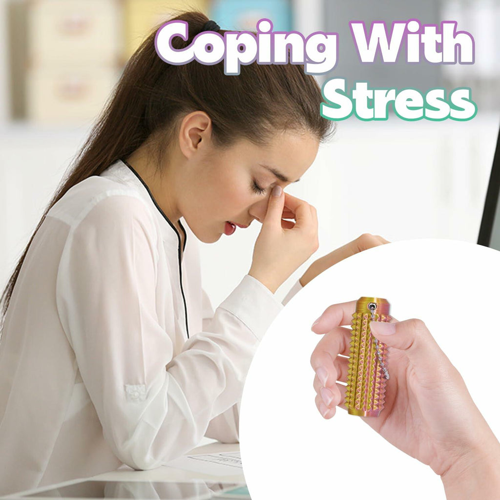 Woman holding her head in stress with a hand holding a fidget spinner, text 'Coping With Stress' above.