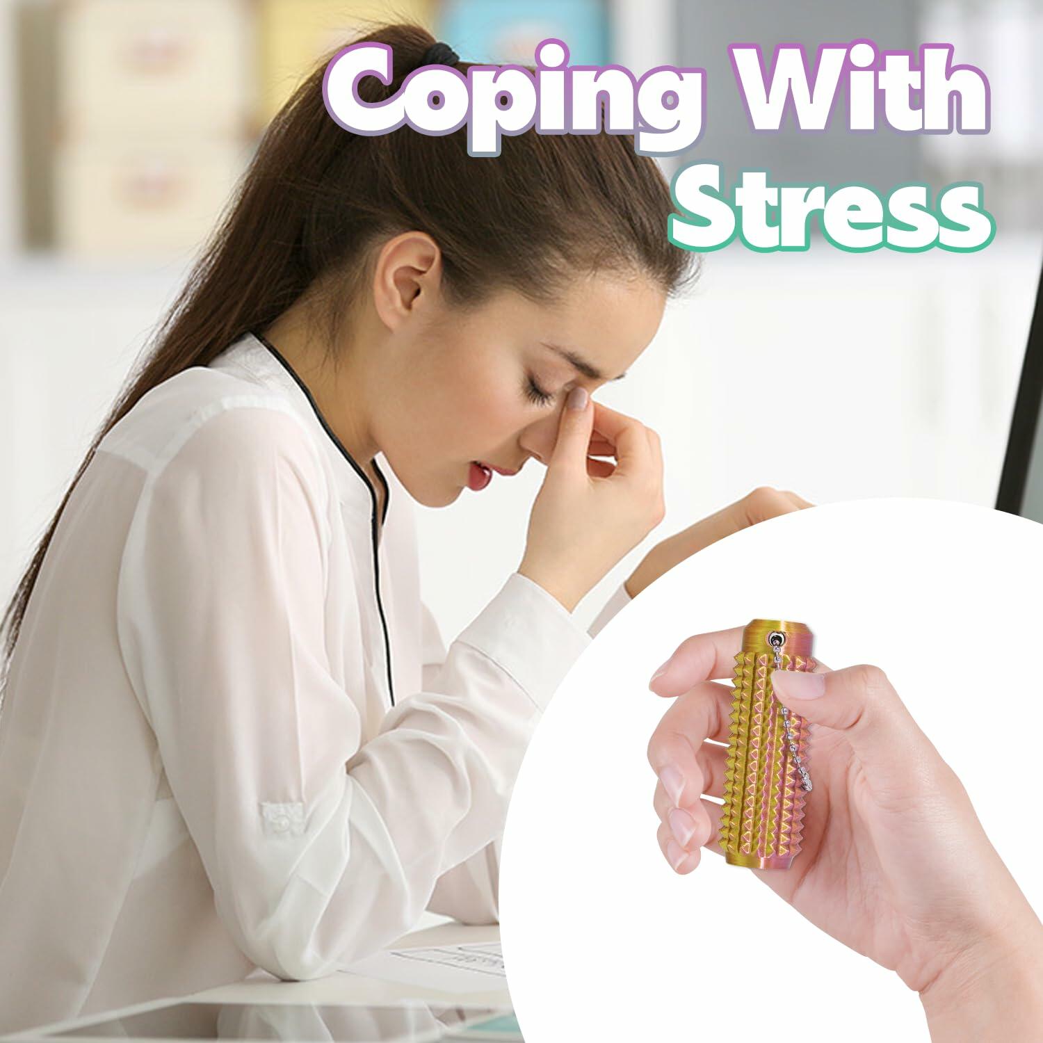 Woman holding her head in stress with a hand holding a fidget spinner, text 'Coping With Stress' above.