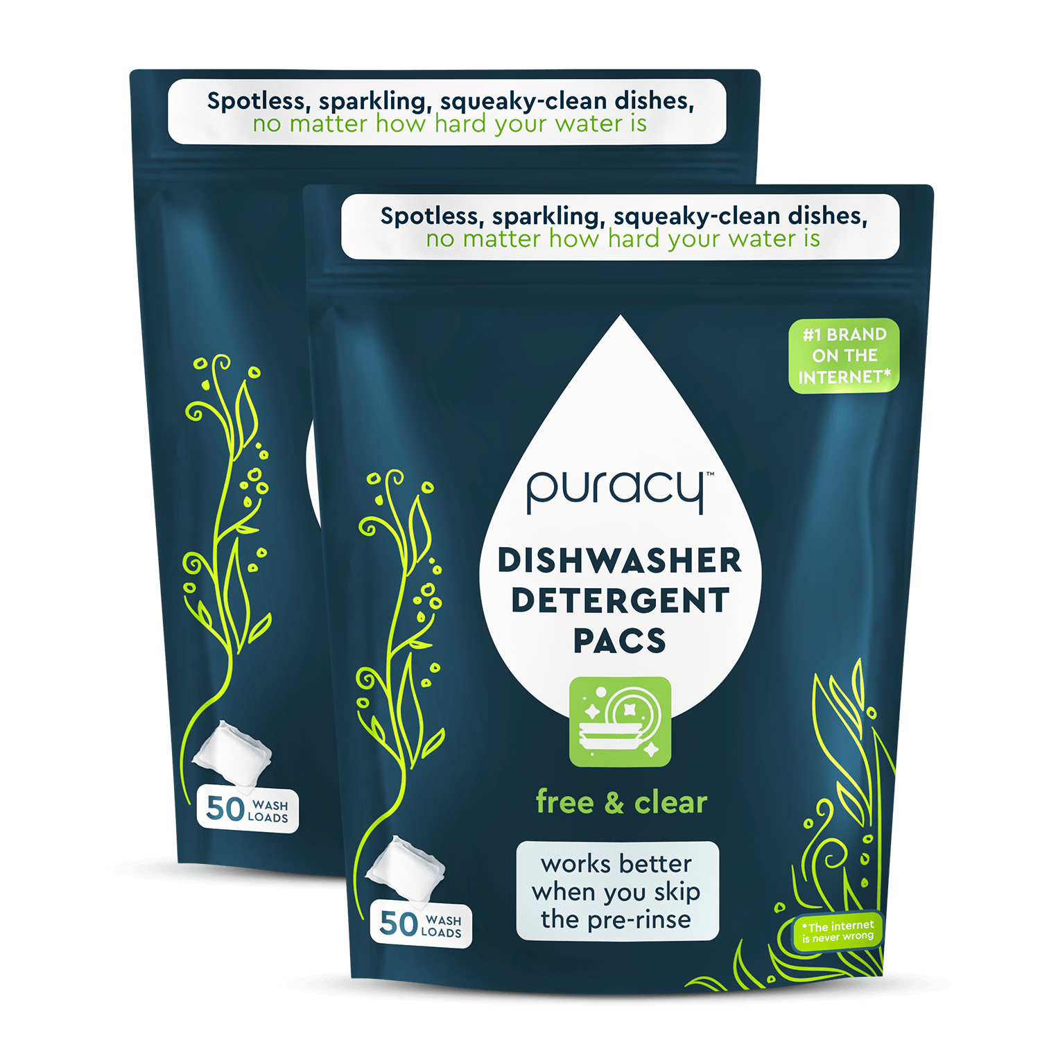 Two packages of puracy dishwasher detergent pacs on a green background