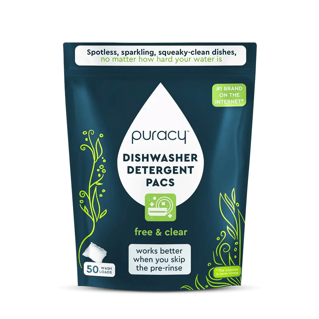 Puracy dishwasher detergent pacs packaging on a white background
